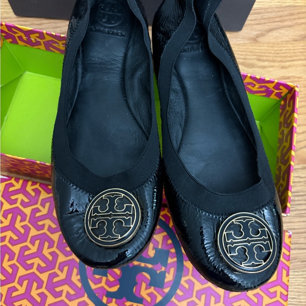 Tory Burch Black Flats with Gold Emblem